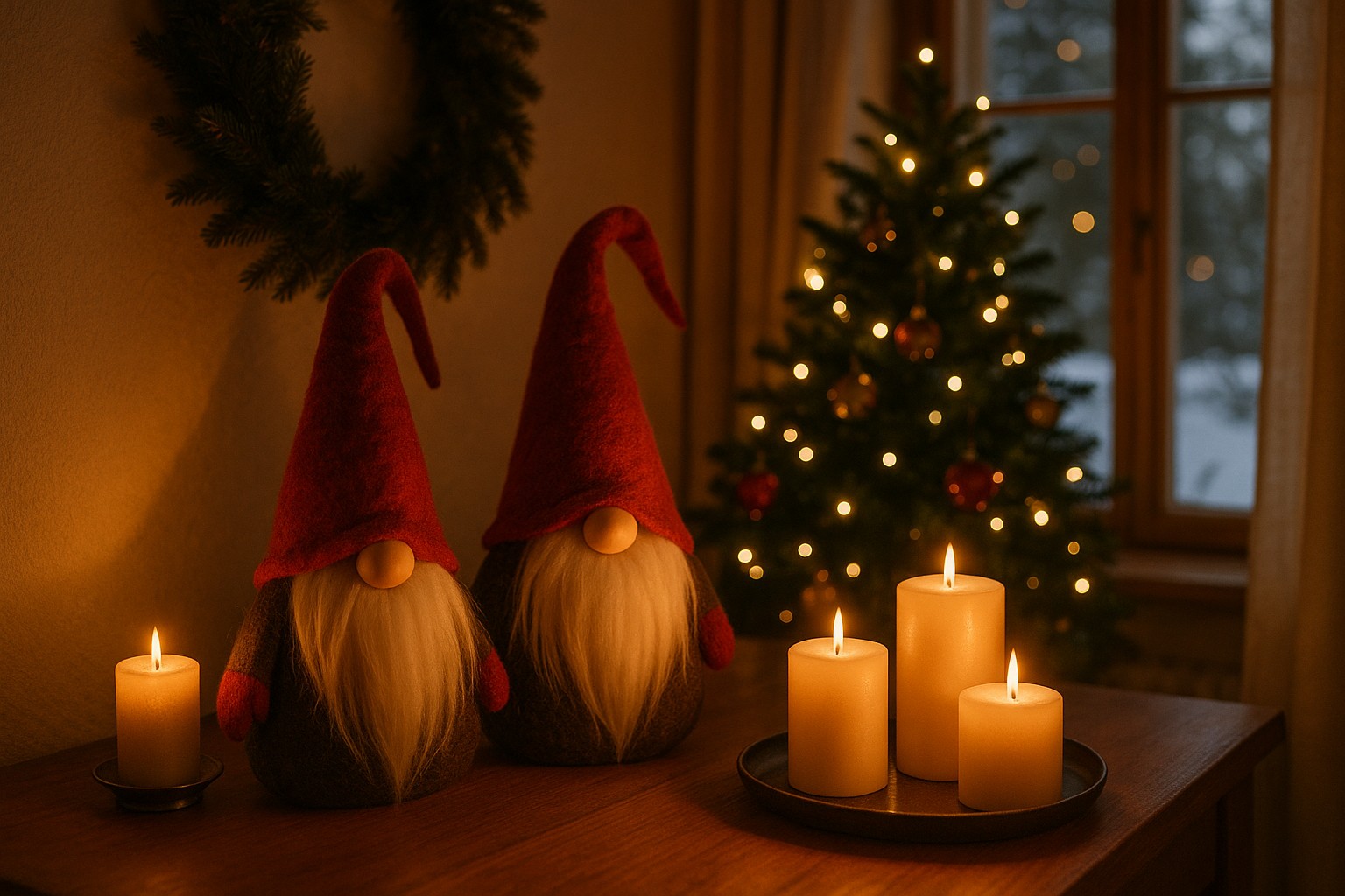 Neljä kynttilää tarjottimella; taustalla kuusi ja lämmin huonetunnelma.