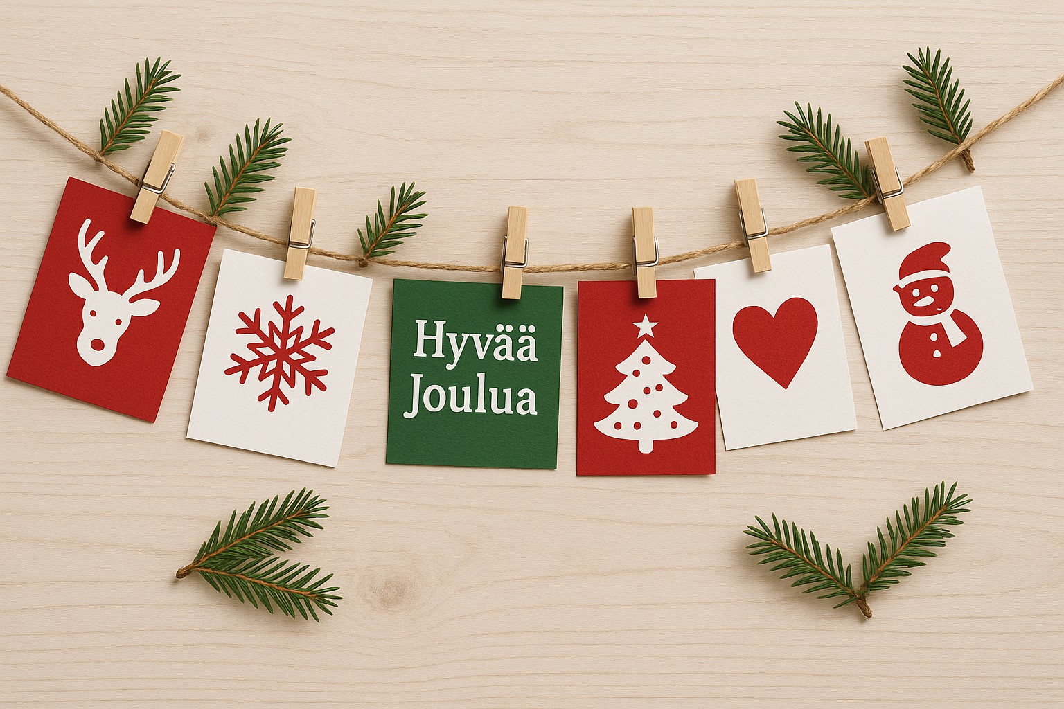 Joulukortteja juuttinarulla, kiinnitettyinä pienillä pyykkipojilla.