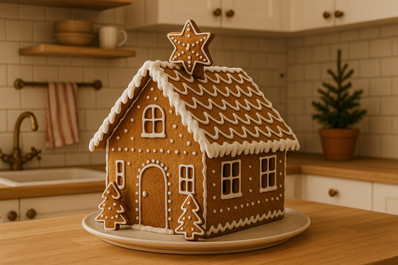 Piparkakkutalo aseteltuna tarjottimelle valoköynnöksen kanssa.
