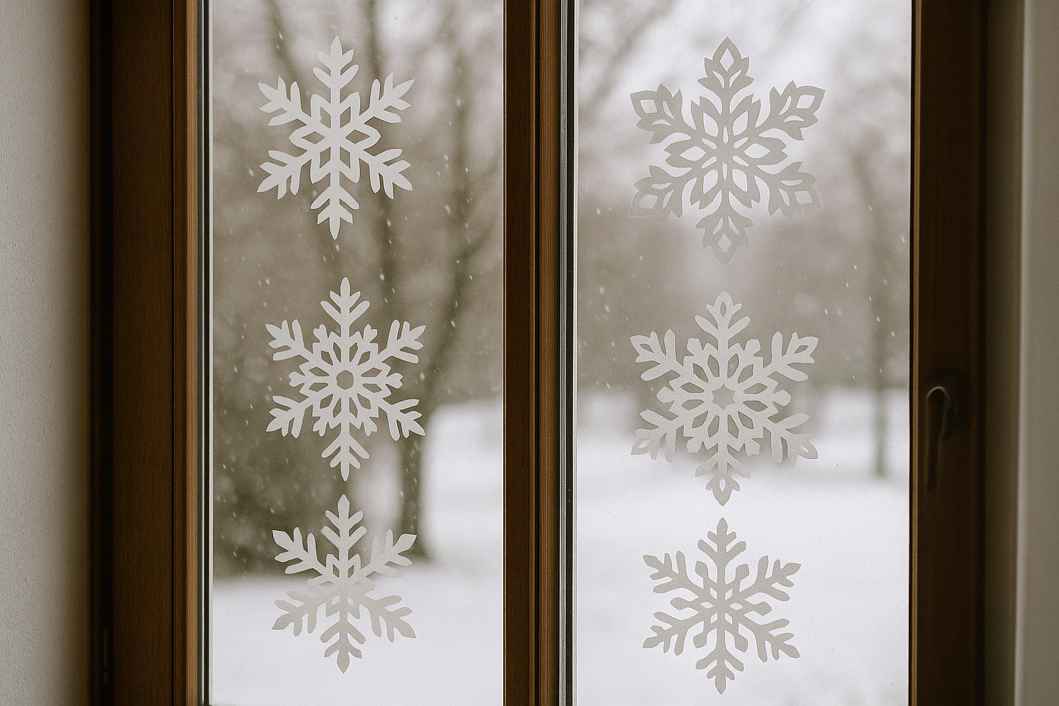 Paperisia lumihiutaleita kiinnitettynä ikkunaan.