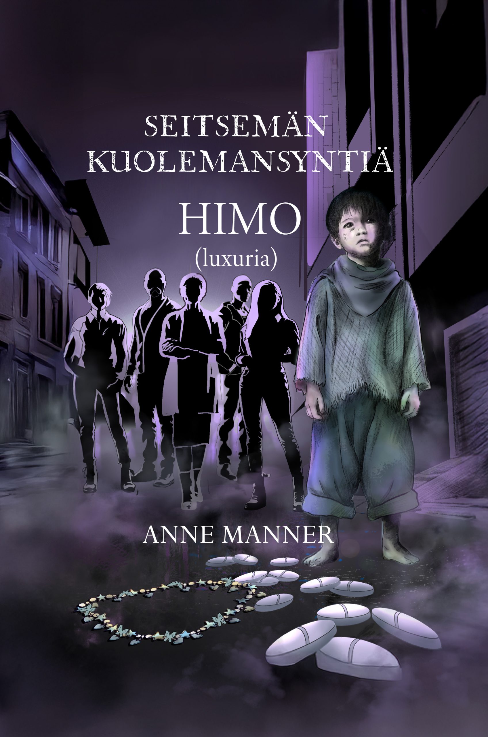 Himo (luxuria) -kirjan kansi. Violetinsävyisessä katunäkymässä on lapsi ja tummia ihmishahmoja.